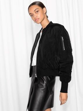& Other Stories Black Bomber Jacket – Padded Zip-Front (Size 6 / M)